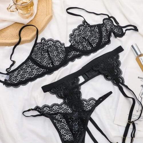 Underwear womens summer ultra-thin lingerie plus size sexy lace bralette close breasts anti-sagging thin bra set three pieces