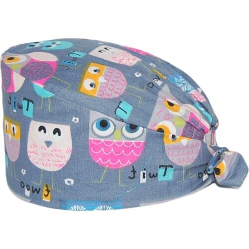 Wholesale New Scrub Hat 100% Cotton Owl Print Adjustable Nursing Hats Beauty Salon Pet Shop Working Accessories Surgicals Cap