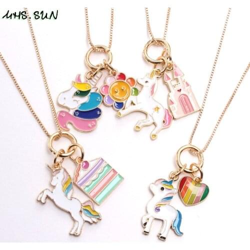 MHS.SUN DIY cute baby kids cartoon unicorn pendant necklace fashion girls charms chain necklace children jewelry for party gift