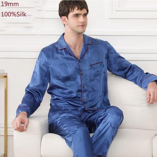 19MM Pajamas Men Suit Sleepwear Blue Green L XL 2XL Nightwear Casual Lovers Pijama Male Home Clothing 100% Silk Pajamas