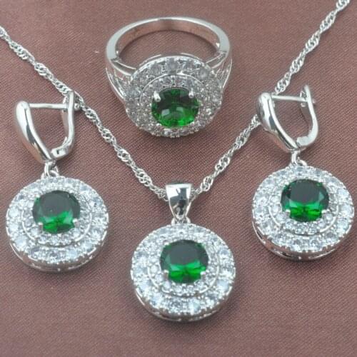 Birthday Gift Green Cubic Zirconia Wedding Womens Jewelry Sets Silver Color Ring Necklace And Earrings Set TZ0273