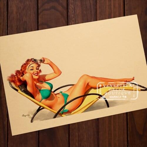 Sexy Sunbathing Pin Up Girl Pop Map Poster Classic Vintage Retro Kraft Canvas Maps Wall Sticker Home Bar Posters Decor Gift