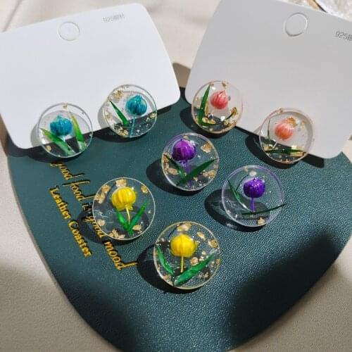 Creative Real Flower Earring Round Dried Flower Epoxy Earrings Trendy Floral Elegant Earring For Girls Cool Accessaries Jewelry