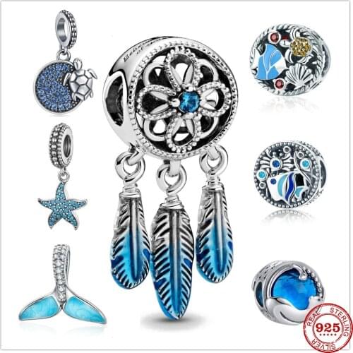 Silver Shiny Ocean Blue Phantom Sea turtle starfish fit Pandora Charm Silver 925 Bead Pendant Bangle with stylish DIY jewelry