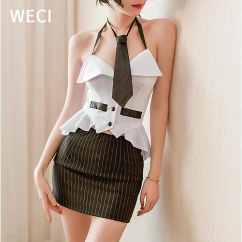WECI Sexy Office Lady Cosplay Costume Secretary Outfit Teacher Suit Hanging Neck Low-Cut Mini Skirt Passion Big Ass Women Erotic