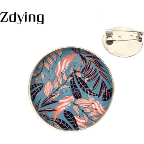 Zdying Bohemia Plant Leaf Brooch Round Glass Cabochon Photo Dome Badge Metal Pins For Woman Bag Clothes Decoration ZZ063