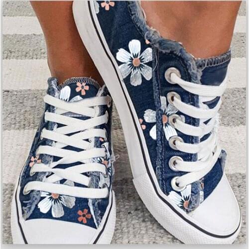 2021 Women Canvas Flower Vulcanized Female Classic Summer Fashion Lace-up Flat Ladies Casual Platform Comfort Shoes Plus Size 43