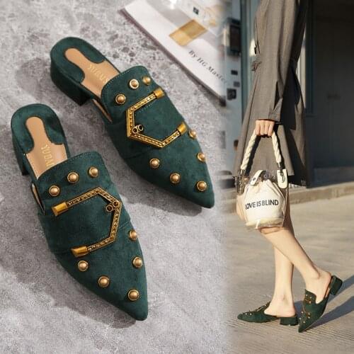 2021 New Brand Shoes Women Slippers Pointed Toe Mules Buckle House Slippers Block Heel Slides High Quality Plus Size 35-41