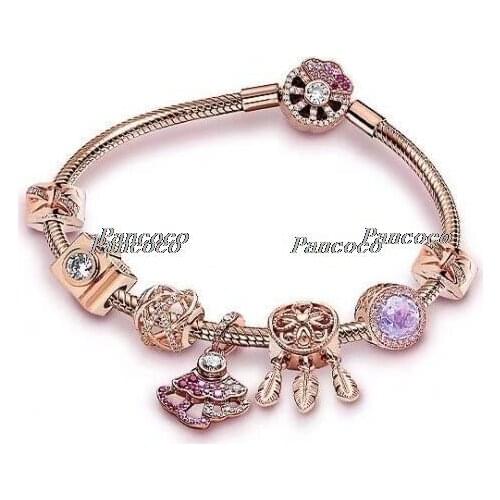 925 Sterling Silver Rose Pink Fan With Colorful Crystal Pendant Beaded Bracelet For Women Wedding Gift Fashion Jewelry