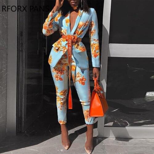 Women Chic Elegant All over Print Long Sleeve Sashes Ankle-Length Pants Spring Working Blazer Sets