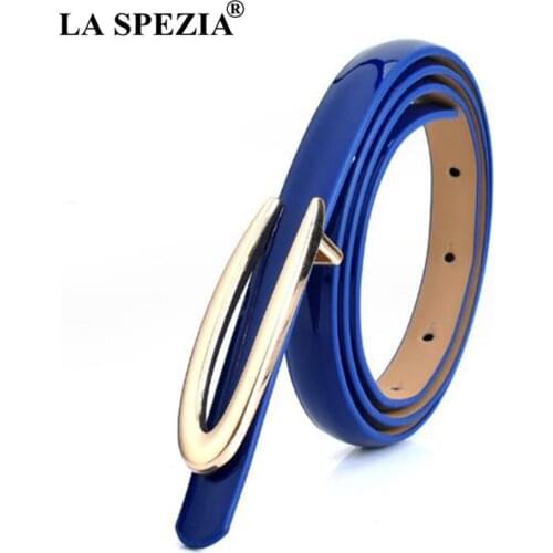 LA SPEZIA Blue Thin Leather Belt Women Smooth Buckle Belt Ladies Patent Real Leather Cowhide Brand Female Belts For Dresses