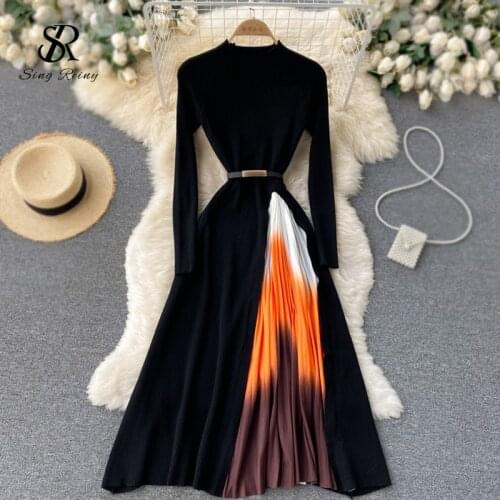 SINGREINY Women Elegant French Dress Design Splice Gradient Pleated A-line Knitted Dresses Autumn Fashion Streetwear Midi Dress