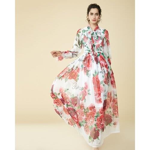 High quality 2018 new fashion pattern red rose print light breathable comfortable fabric with long-sleeved slim maxi dress women