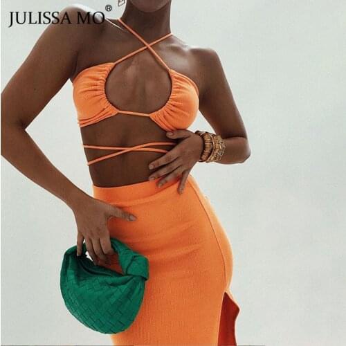 Julissa Mo Bandage Halter Two Pieces Dress For Women Summer Sleeveless High Split Beach Dresses Sexy Fashion Party Vestidos 2021