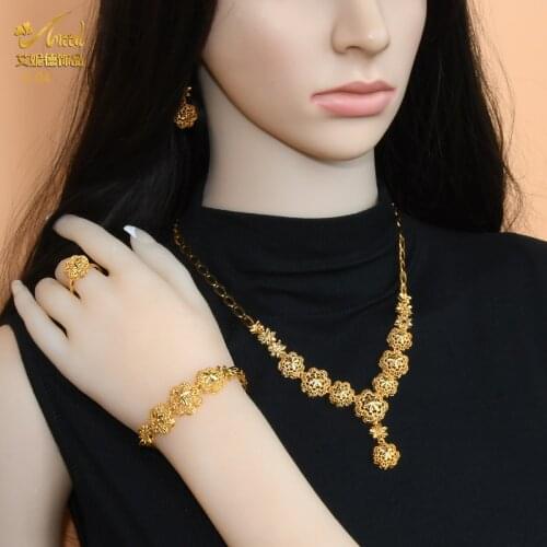 24K Jewelry Sets For Women Gold Necklace Earrings Bracelet Ring Dubai African Indian Bridal Gifts Wedding Set Collares Jewellery