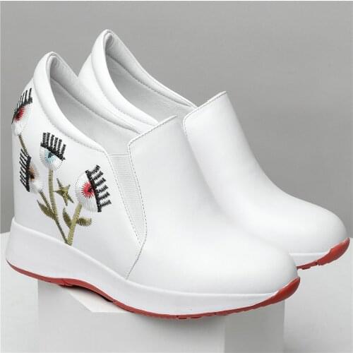 Fashion Sneakers Women Slip On Genuine Leather Wedges High Heel Ankle Boots Female Round Toe Platform Punk Creepers Casual Shoes