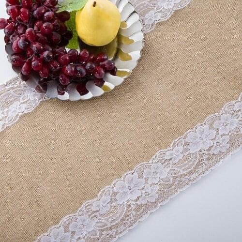 Rustic Country Wedding Table Runners Hessian Burlap with White Lace Dinning Banquet Bridal Shower Decorations Party Supplies