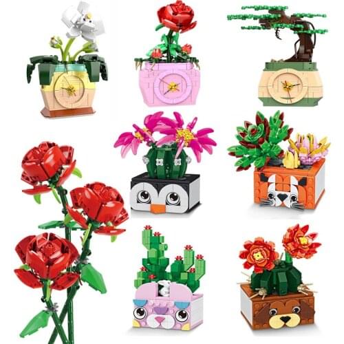 Bouquet Building Block DIY Rose Flower Orchid Cactus Plant Bonsai Model Ornaments Childrens Puzzle Assembly Bricks Girl Gift