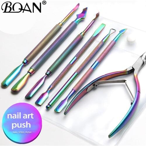 BQAN Rainbow Dual-ended Nail Cuticle Pusher Spoon Stainless Steel Dead Skin Push Remover Pedicure Cleaner Nail Art Tools