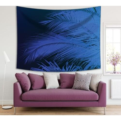 Tapestry Palm Tree Leaves Tropical Beach Seaside Summer Nature Theme Photo Black Blue