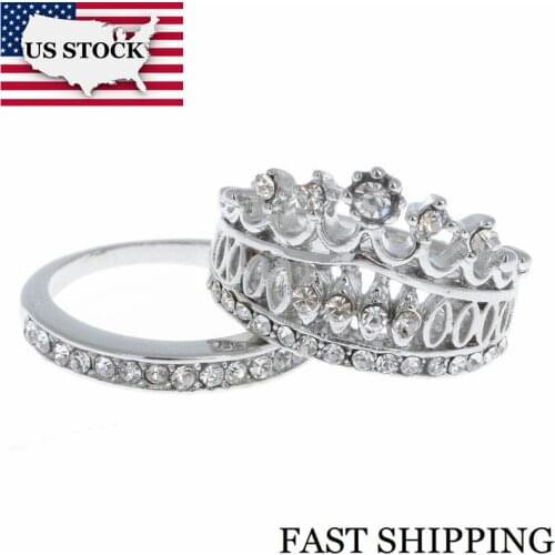 US STOCK Crown Rings for Lovers Jewelry Unique Ring for Women and Men White Crystal Ringfor Couple Cubic Zirconia Uloveido SJ002