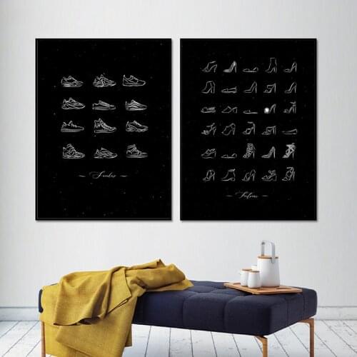 Men Women Shoes Sneakers Types Canvas Poster Black and White Vintage Hand Drawing Shoe Painting Art Prints Shoe Store Wall Decor