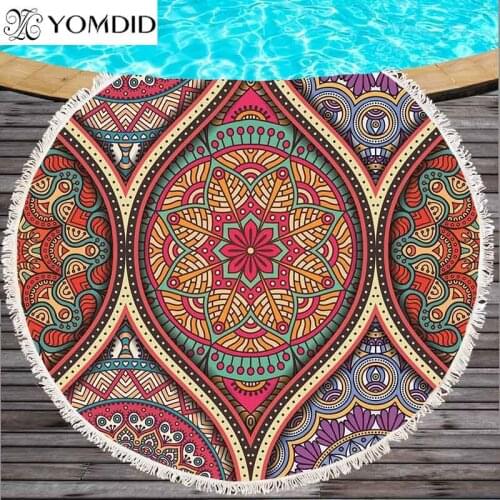 Mandala Flower Beach Towel Indian Lotus Printed Round Beach Towel Yoga mat Tassel Tapestry Blanket Tablecloth Toalla Playa 150cm