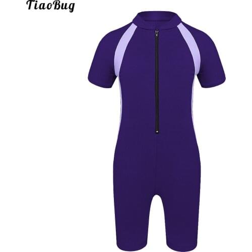 TiaoBug Summer Kids Girls Swimming Jumpsuit Short Sleeves Zippered Shorty Swimsuit Swimwear Wetsuit Beach Suit Rash Guard