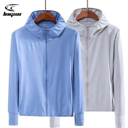 LNGXO Camping Hiking Jacket Men Quick Drying Hunting Clothes Zipper Hooded Cardigan Sun Protection Clothing UV Protection Mesh