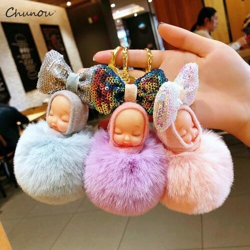 Cute Sleeping Baby Doll KeyChain For Women Bag Toy Key Ring Fluffy Pom pom Faux Fur Plush Keychains Kids gifts
