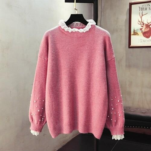 Fashion Red Knitted Sweater Women Spring Korean 6 Color Lace Splicing Beading Long Sleeve Pullover Tops Female Loose Knitwear