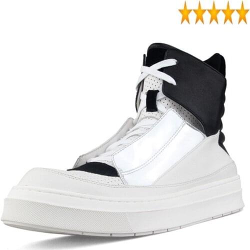 Sequins Hip Hop Mixed Colors Mens Casual High Top Korean Thick Bottom Lace Up Genuine Leather Male Platform Shoes