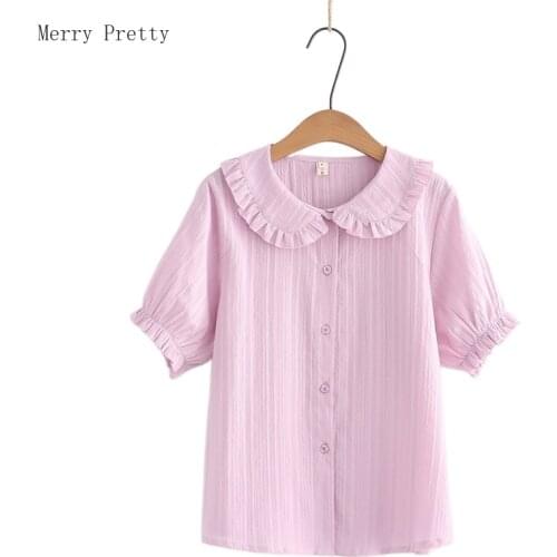 Solid Purple Embroidery Casual Blouse Women 2021 Summer Minimalsit Short Sleeve Turndown Collar Sweet Style Basic Cotton Tops
