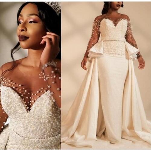 Plus Size Mermaid Wedding Dresses Illusion Sheer Jewel Neck Long Sleeves Pearls With Overskirts Backless Black Girl Bridal Gowns