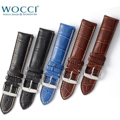 WOCCI 18mm 20mm 22mm Watch Strap Alligator Grain Calf Leather Black Brown Blue Crocodile Embossed Men Women Watch Band with Tool