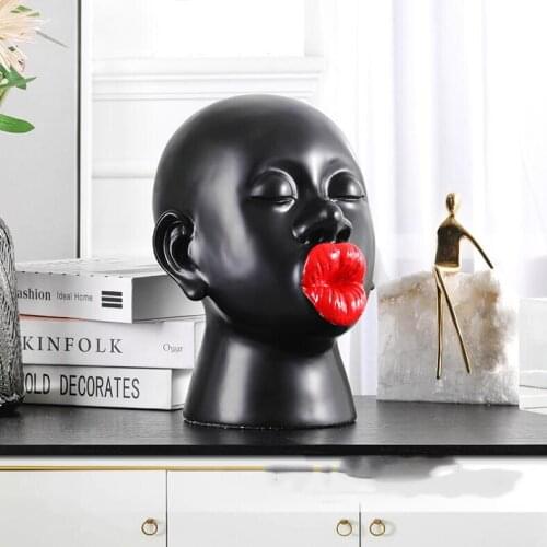 Nordic Creative Resin Big Red Lips Black Man Sculpture Ornaments Home Livingroom Table Figurines Crafts Hotel Office Decoration