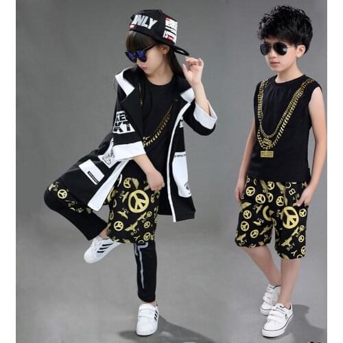 Children Boy Girl Sleeveless Black Gold Hip Hop Hiphop Ds Jazz Dance Costumes Ballroom Clothes Outfit