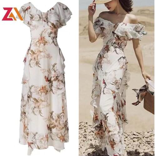 ZALady Holiday Beach Ruffles Slash Neck Maxi Dresses Women Floral Elegant Sexy Party Evening Summer Dress Femme платье летнее