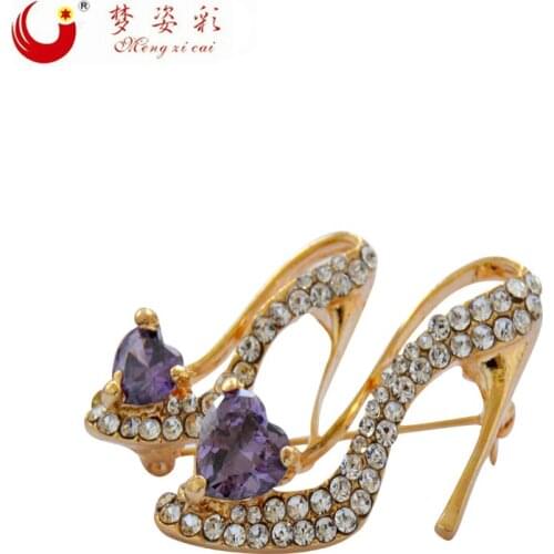 CAIZI New Crystal Shoes Brooches Female Hign Heels Enamel Pin Purple Heart Brooches for Women Wedding Dress Party Jewelry Gifts