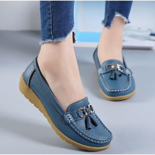2021 Women Flat Shoes Spring Autumn Cow Leather Platform Slip On Loafers Mother Desginer Moccasins Female Big Size 44