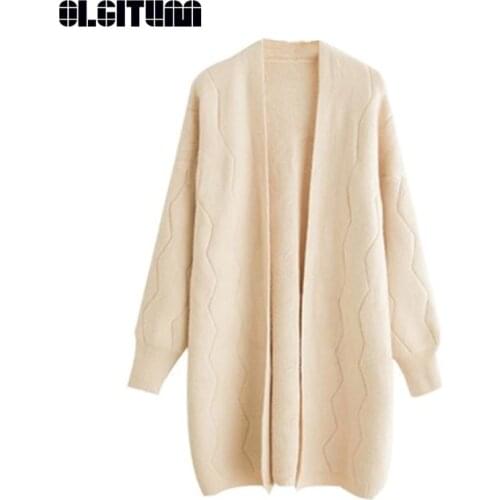 New 2020 Autumn Knitted Sweater for Women Pink Lake Blue V-neck Solid Loose Open Stitch Cardigan Coat Female SW812