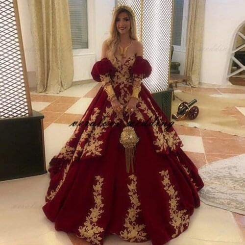 Traditional Kosovo Albanian Caftan Ball Gown Evening Dresses Off Shoulder Gold Applique Quinceanera Prom Dress Vestido De Novia