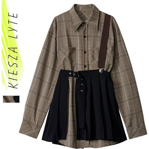 Women Plaid Pleated Split Two Piece Dress New Lapel Long Sleeve Loose Fit Fashion Tide Spring Autumn 2021 korean dress