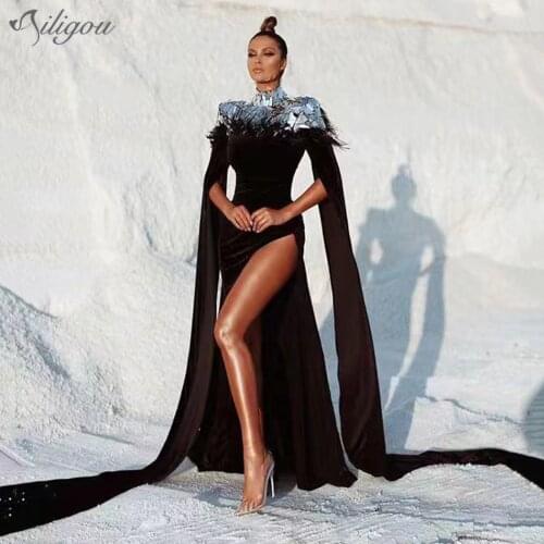 Ailigou 2021 New Ladies Celebrity Banquet Cocktail Party Dress Black Sequin Feather High Neck Long Sleeve Sexy Party Dress