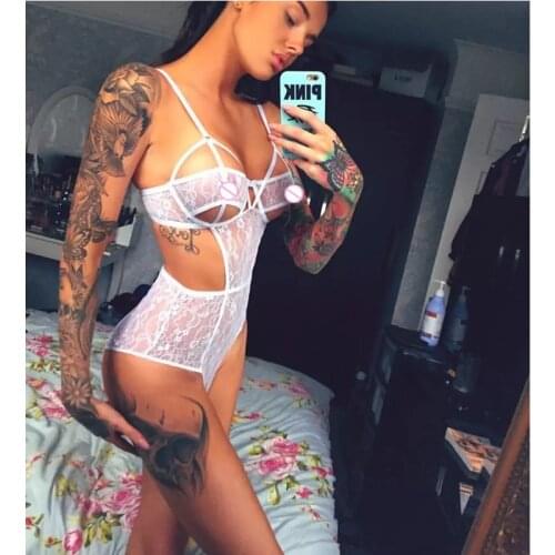 2018 Sexy Womens Full Lace Lingerie Bodysuit Strappy Plunge V Neck Bodycon Leotard Lace Sling Sleepwear Nightwear Teddies Sheer