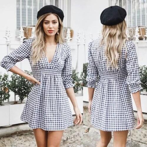 S-XL women v neck half sleeve mini dress lady night evening party plaid dress casual leisure brand short dress