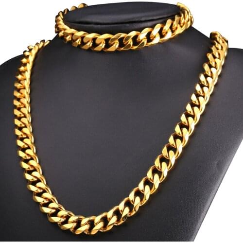 12MM Chunky Jewelry Sets Big Chain Necklace And Bracelet Black Gun/Gold Color Stainless Steel Dubai Jewelry Set Men GNH2282