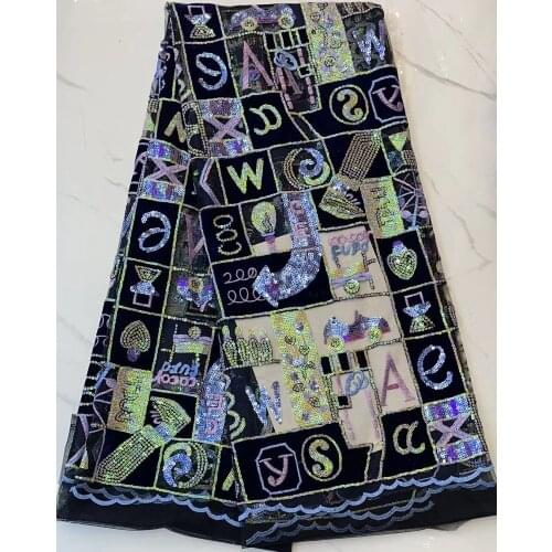 Exquisite English alphabet sequin pattern velvet embroidery, African lace fabric, suitable for fashionable ladies' skirts