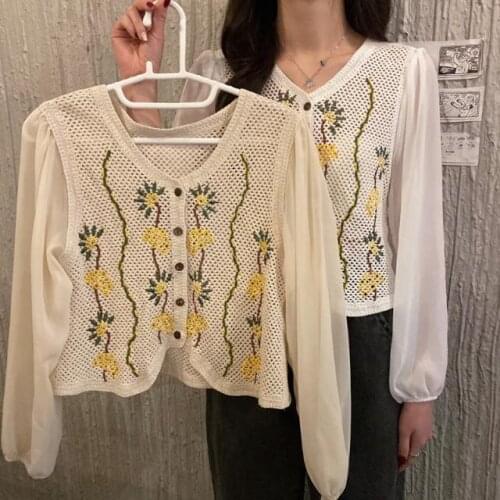 Blouse Women Shirt Hollow Crochet Stitching Lace V-neck Short Cardigan Chiffon Shirt Women Blusas Mujer De Moda