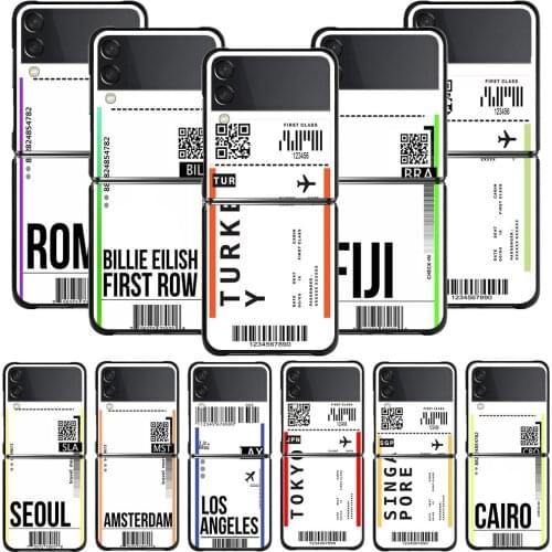 Black Phone Case For Samsung Galaxy Z Flip3 5G Z Flip Hard PC Shell Smartphone Capa Airline Ticket Barcode